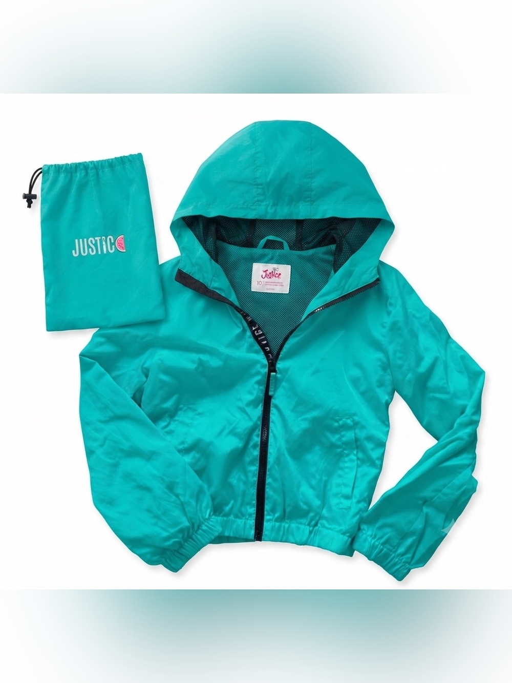 Justice Girls Teal Packable Windbreaker Rain Jacket Size 10